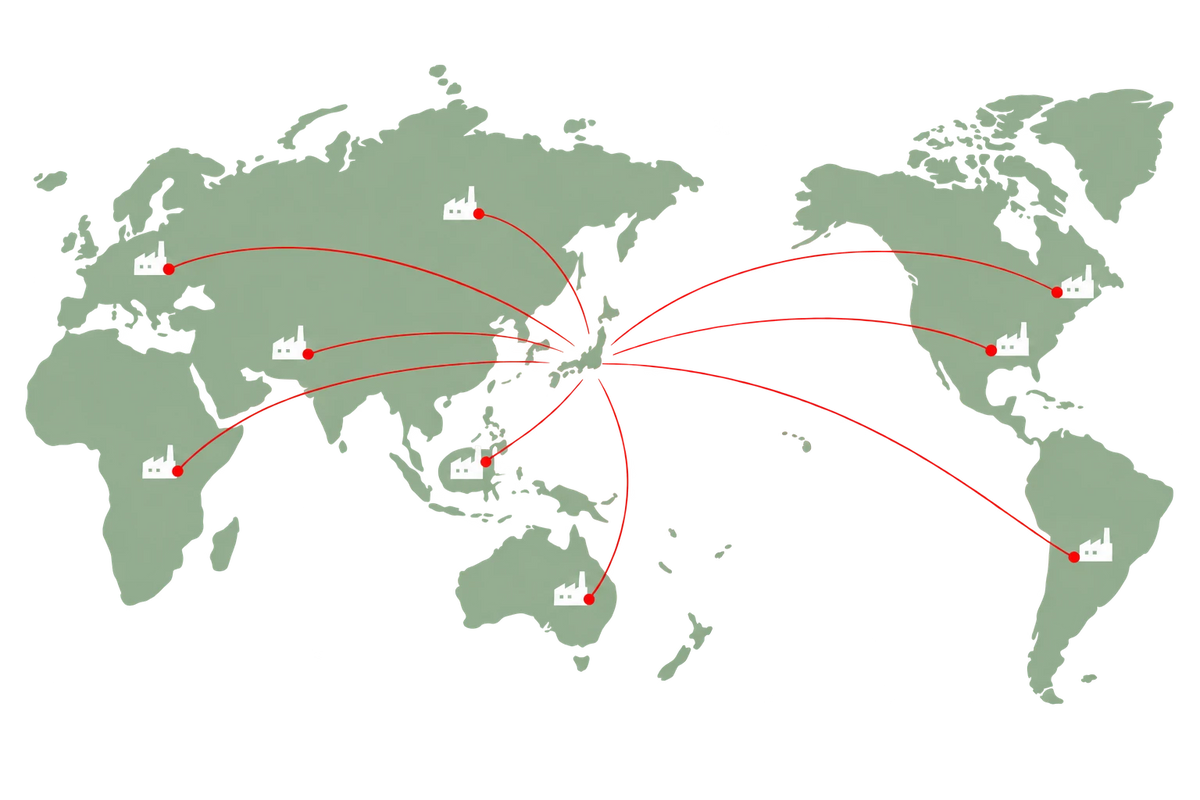 日本から世界各地へ線が伸び、各地にOishii Farmの農場が広がっていく世界地図のイラスト
